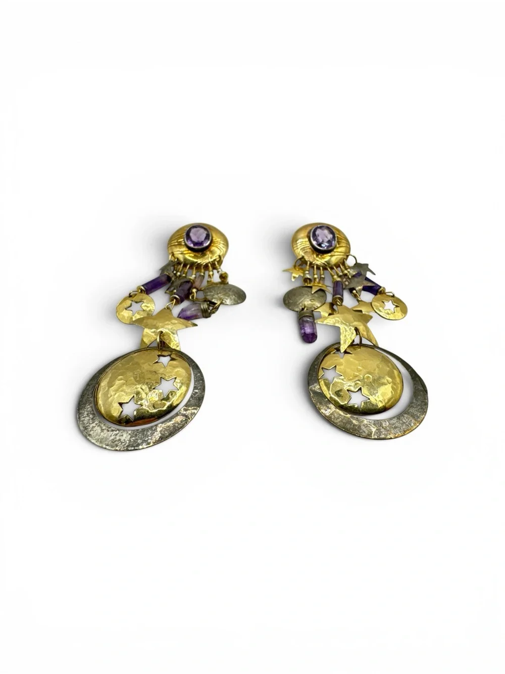 Vintage Sterling Silver 14K GF Tabra Purple Tourmaline Amethyst Earrings 4”